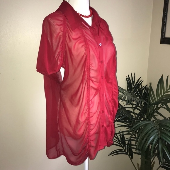 Worthington Sheer Red Gathered Poly Short Cap Sleeve Top 2X Plus Size - Picture 4 of 5
